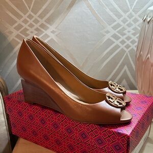 Tory Burch Tan Peep-Toe Wedges